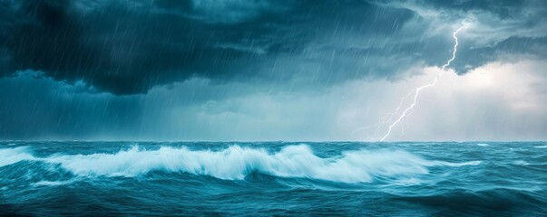 Naklejka premium Thunderstorm over a stormy sea, lightning striking the turbulent waves, apocalyptic intensity