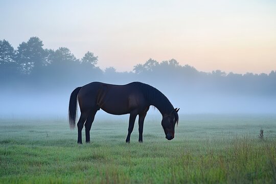 A serene horse grazing in a misty field