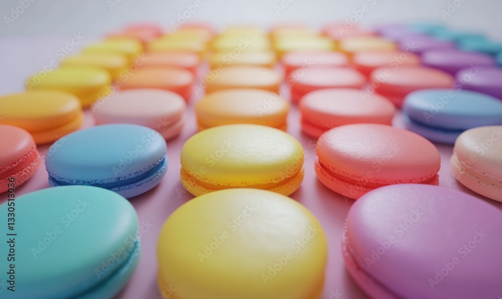 Poster bright flat lay of colorful macarons arranged neatly on a smooth pastel surface illuminated by soft 