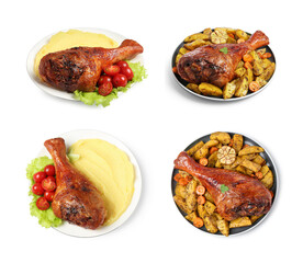 Different delicious dishes with turkey on white background, set