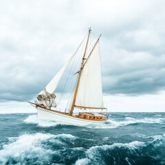 Fototapeta premium Sailboat with torn sails fighting through hurricane-force winds, maritime resilience