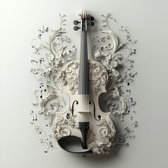 3D illustration of an elegant, ornate violin with swirling musical notes on a light background, highly detailed design