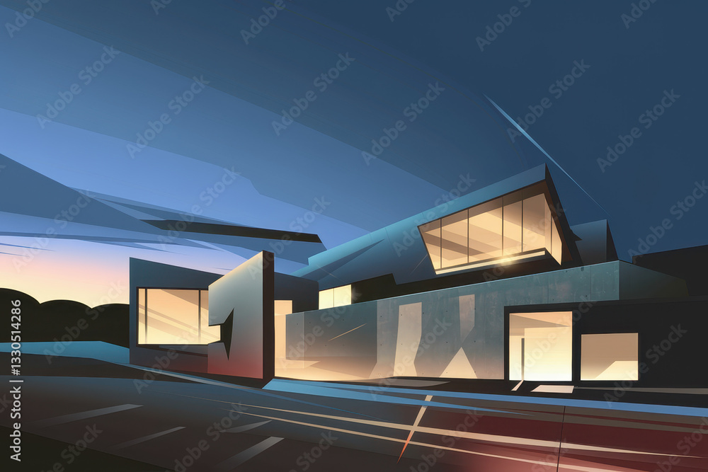 Poster modern architectural render of a sleek structure with ambient lighting during twilight