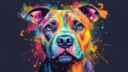 Vibrant portrait of a pit bull, bursting with colorful splashes