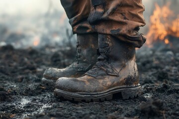 Close up view of firefighter's muddy boots resting on wet ground, revealing the aftermath of extinguishing a fire and facing danger