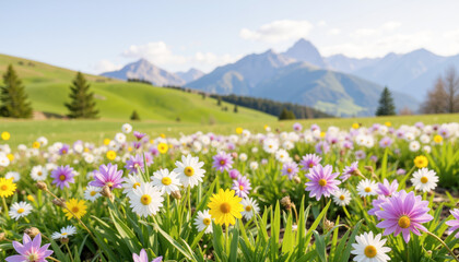 Beautiful wildflower meadow with mountains in the background under a bright blue sky