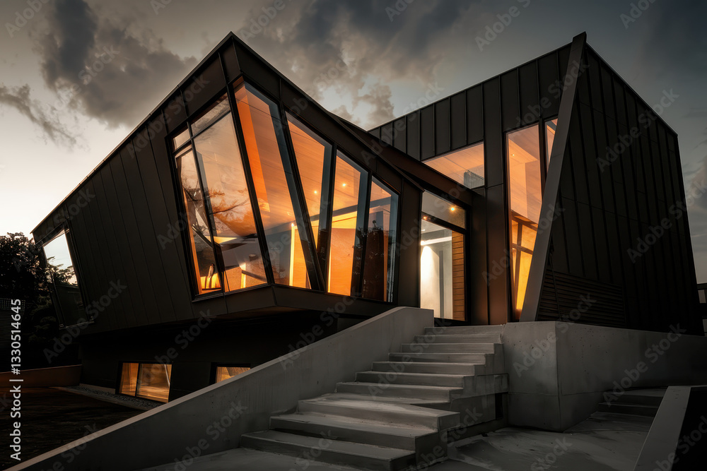 Poster modern architectural marvel with angular design illuminated at dusk