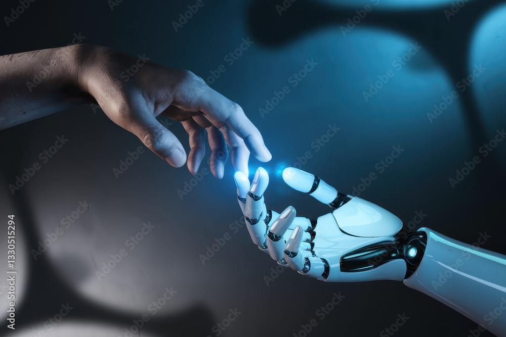 Poster symbolic connection between human hand and robotic hand in a futuristic setting