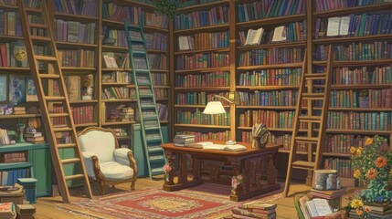 A cartoon library shows bookshelves with a ladder, a table, chair, and lamp.  It's a fun picture of a place to read or study.

