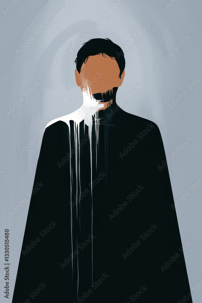 Poster abstract representation of a faceless figure in a dark cloak with dripping paint effect