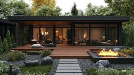 Modern home with expansive deck, fire pit, and zen garden