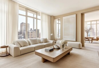 Fototapeta premium Modern minimalist living room with large windows, beige color palette, and city view.