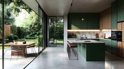 Fototapeta premium Modern Green Kitchen with Garden View and Island