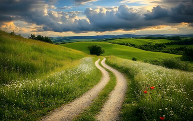 Obraz premium A scenic dirt road winding through a lush green landscape with wildflowers under a dramatic cloudy sky. Perfect for landscape and nature photography.
