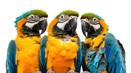 Colorful macaws pose together against a white background in a playful display of their vibrant feathers