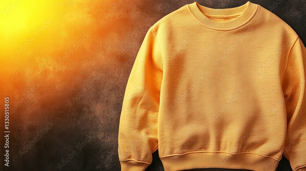 Poster yellow sweatshirt is displayed against textured background with gradient lighting creating an appeal