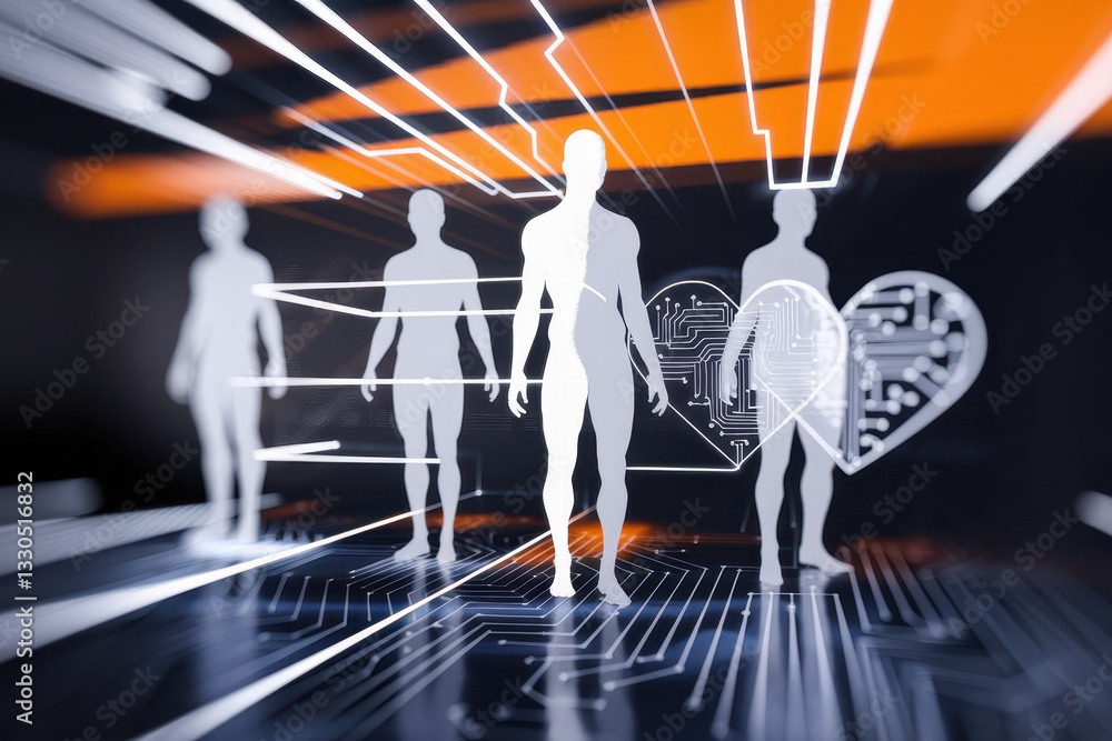 Aufkleber futuristic concept of digital connection: abstract human silhouettes with circuit patterns in a tech