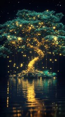 Naklejka premium Glowing tree reflecting on water at nighttime with a dark sky