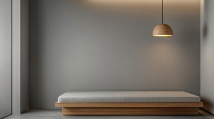 Fototapeta premium A modern, minimalist bedroom with an oak wood bed frame and gentle ambient lighting