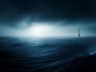 Lone Sailing Ship on a Dark and Misty Ocean Horizon at Twilight Hour