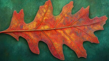 Fototapeta premium Autumnal oak leaf, vibrant colors, intricate veins