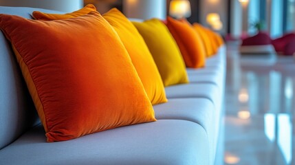 Obraz premium Soft, luxurious sofa adorned with bright orange and yellow pillows creates a welcoming atmosphere in a contemporary lounge filled with natural light