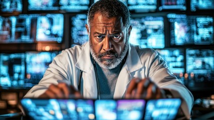 A scientist with gray hair and a beard concentrates on multiple screens in a modern laboratory. Complex data and graphs illuminate the room