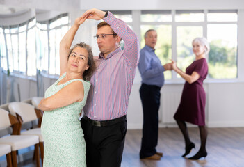 Naklejka premium Couple of adult man and elderly woman dancing waltz in studio