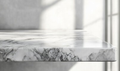 White marble table top or counter with blurry shadow on wall background. defocused template mock up display montages product