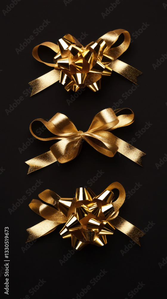 Aufkleber shiny golden bows and gift wrapping ribbons arranged vertically on a black background creating an el