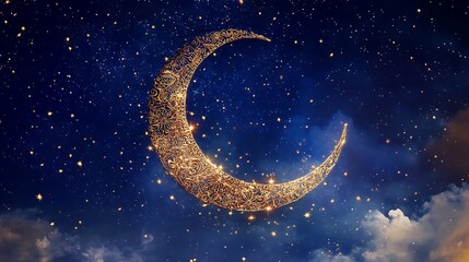 Naklejka premium Shimmering Crescent Moon with Sparkling Stars Against Deep Blue Night Sky