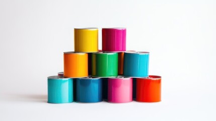 Colorful cans stacked in a pyramid shape