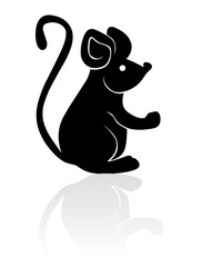 The black silhouette of a rat or mouse is sitting with a tail, paws and ears on a white background
