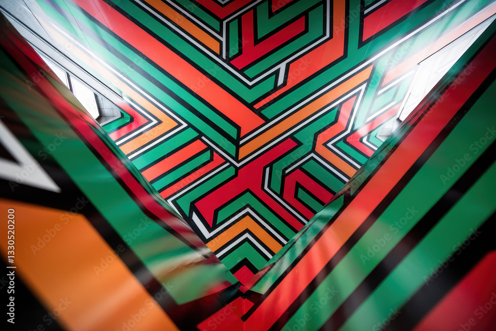 Aufkleber vibrant abstract geometric mural with red, green, and orange patterns creating a dynamic visual expe