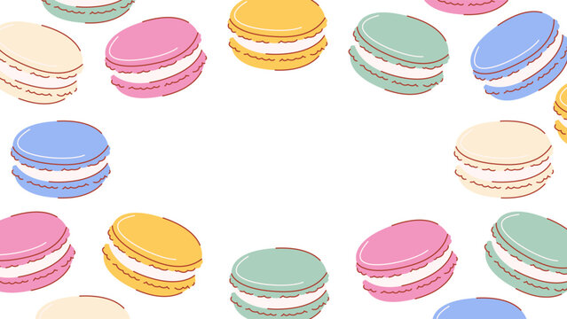 Macarons background with space for text in the middle. Hand drawn colorful vector flat illustration, macaroons frame or pattern with different flavors. Isolated backdrop. For poster, banner, design