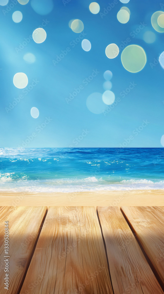 Poster empty wooden table on a beautiful tropical beach with bokeh effect and blue sky, perfect background 
