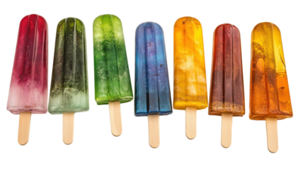 Colorful assortment of frozen ice pops arranged neatly on wooden sticks in a vibrant display