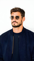 Obraz premium Stylish man in navy bomber jacket and round sunglasses