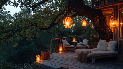 Relaxing Wooden Deck with Lanterns at Treehouse at Nightfall
