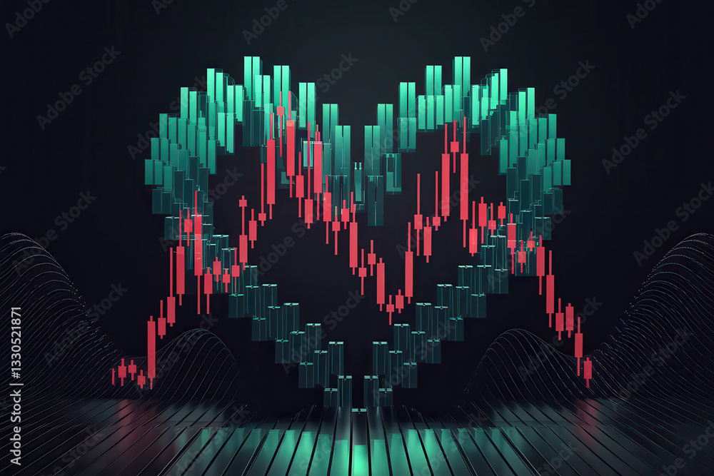Poster stylish 3d heart shape stock market chart in emerald and ruby color scheme