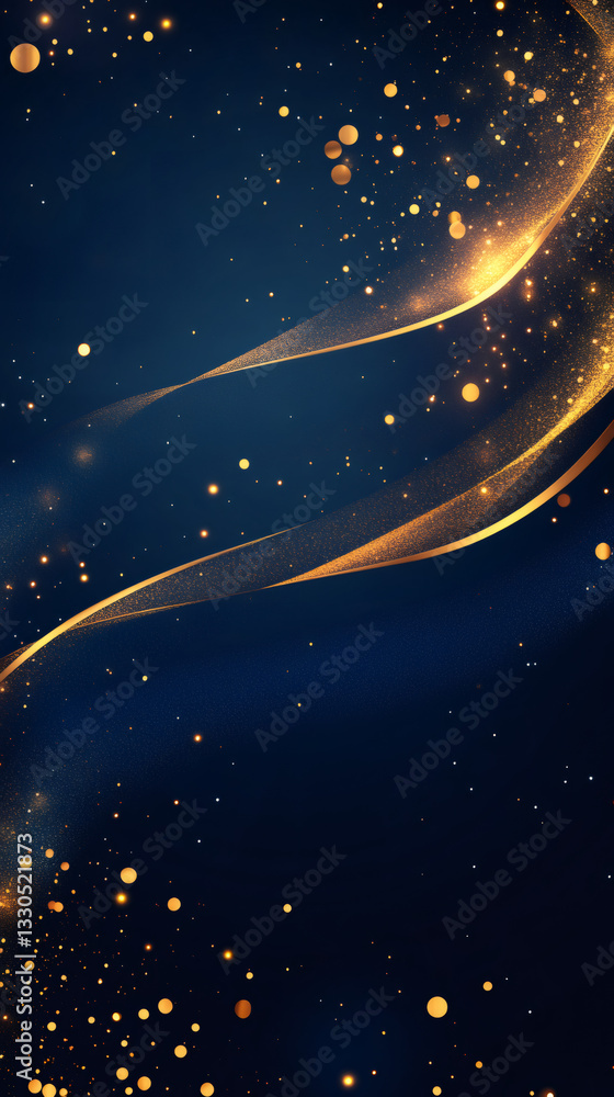 Poster abstract background with golden waves flowing on a dark blue background with bokeh effect, perfect f
