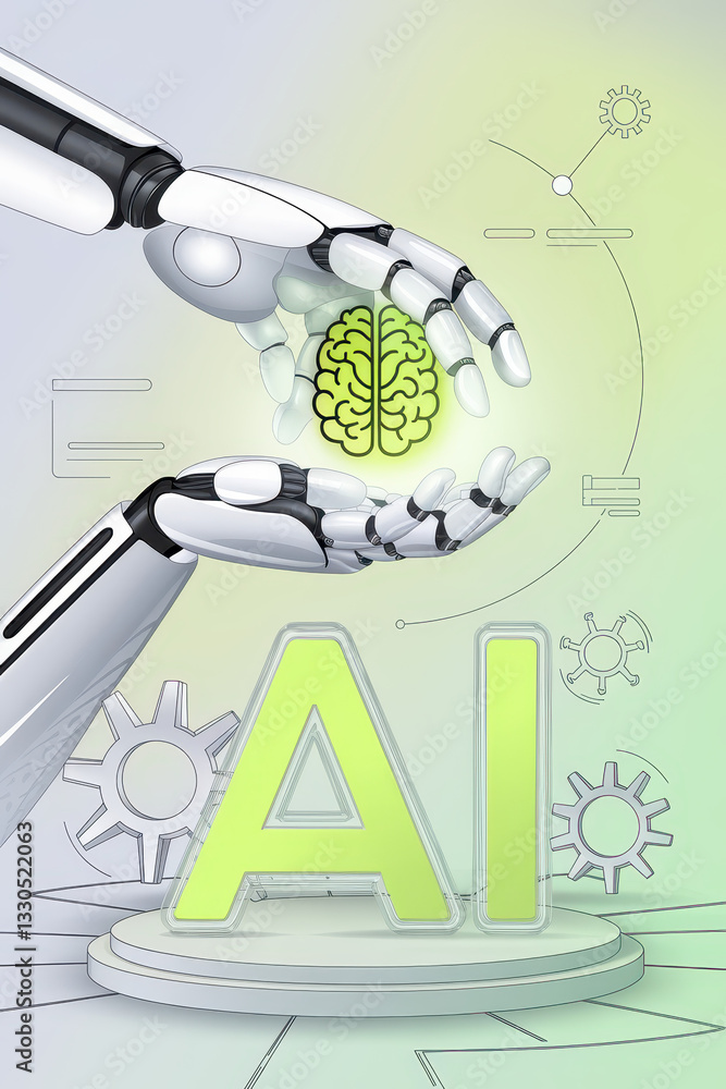 Poster futuristic robotic hands holding a green brain icon with 'ai' display in a high-tech environment