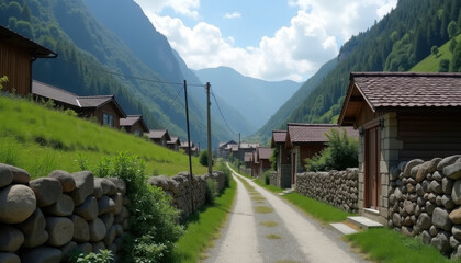 Picturesque village road lined with wooden houses in a mountain valley
