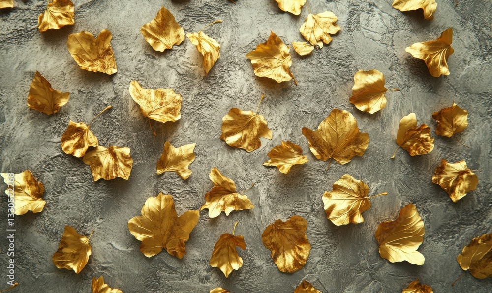 Poster artistic flat lay of golden autumn leaves scattered on a textured gray surface illuminated by soft d