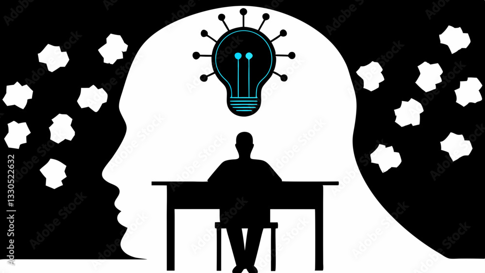 Poster abstract representation of creativity and innovation featuring a human mind with a lightbulb symboli