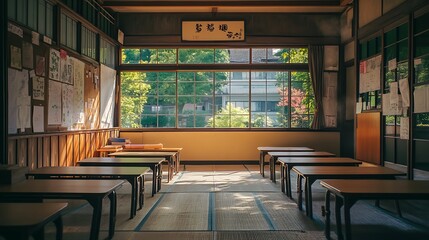 Obraz premium Classroom with Empty Desks Interior Featuring Natural Light and Japanese Style