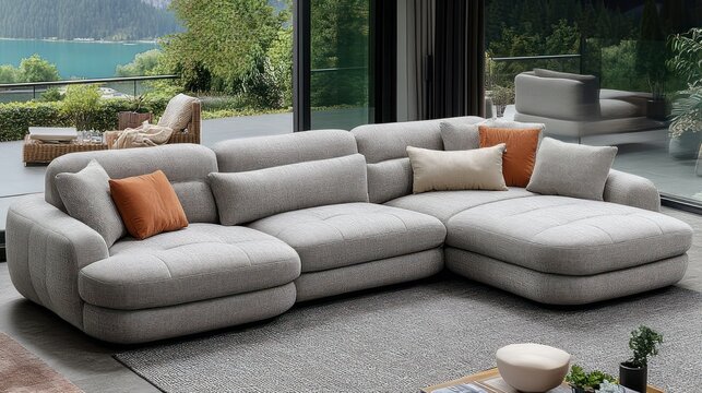 Modern light grey sectional sofa with orange pillows, situated in a spacious living room overlooking a scenic view - Powered by Adobe