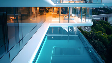 Aerial view showcasing a modern pool and sleek glass wall of a contemporary house, highlighting luxury and architectural design.