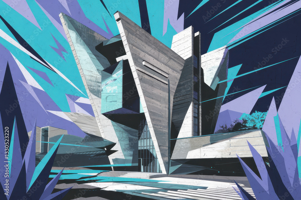 Poster futuristic architectural design featuring bold geometric shapes and sharp edges in a striking blue a