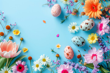 Creative layout made with colorful flowers and painted Easter eggs. Minimal nature on light blue background. Spring holidays concept. Generative Ai